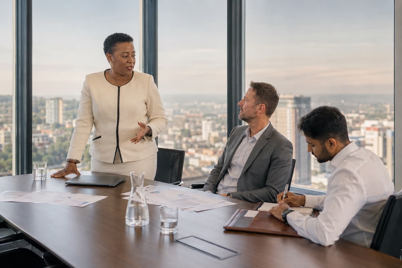 Executive presenting to clients at a boardroom table above the city
