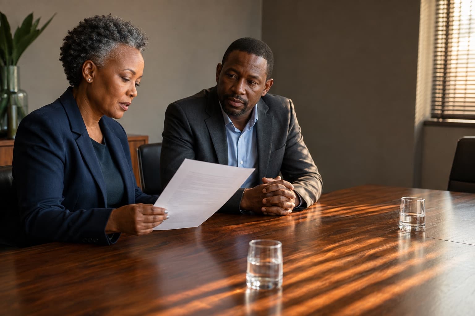 Two senior professionals reviewing a shortlist document at a boardroom table