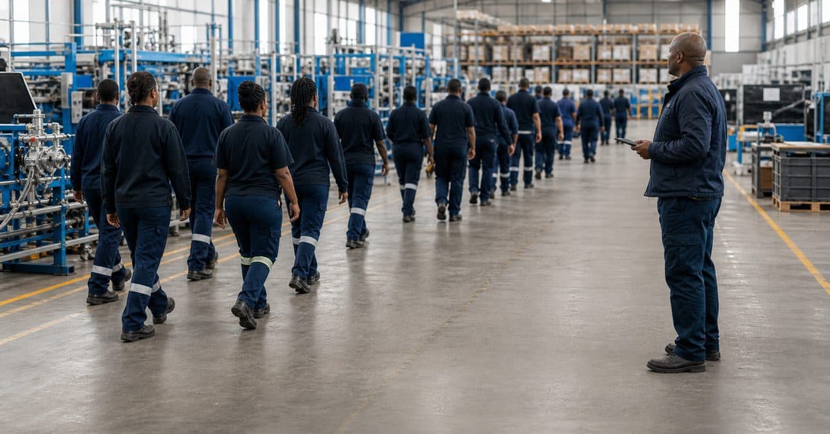 A large contract team arriving on site for the morning shift
